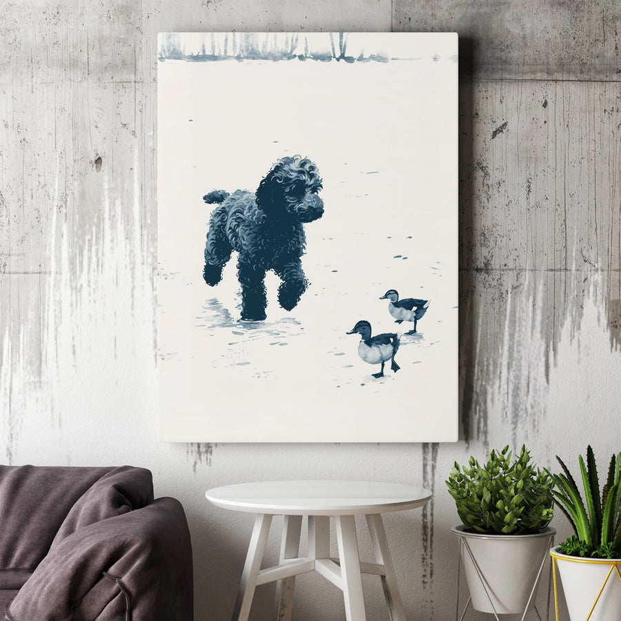 Black Poodle Canvas Wall Art | Watercolor Winter Snow Scene with Ducks | Premium Gallery Wrapped Print | Nature Animal Decor Gift for Dog Lovers