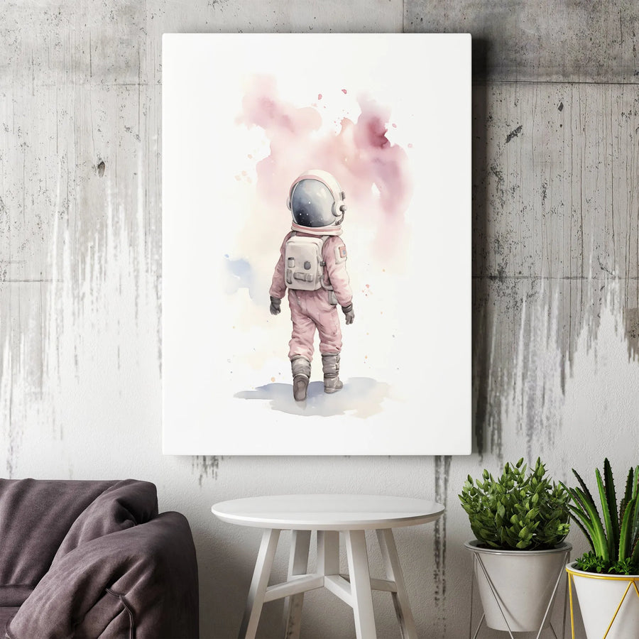 Pink Astronaut Canvas Art | Watercolor Space Explorer Illustration | Premium 1.25" Thick Gallery Wrap | Kids Bedroom or Nursery Decor Gift