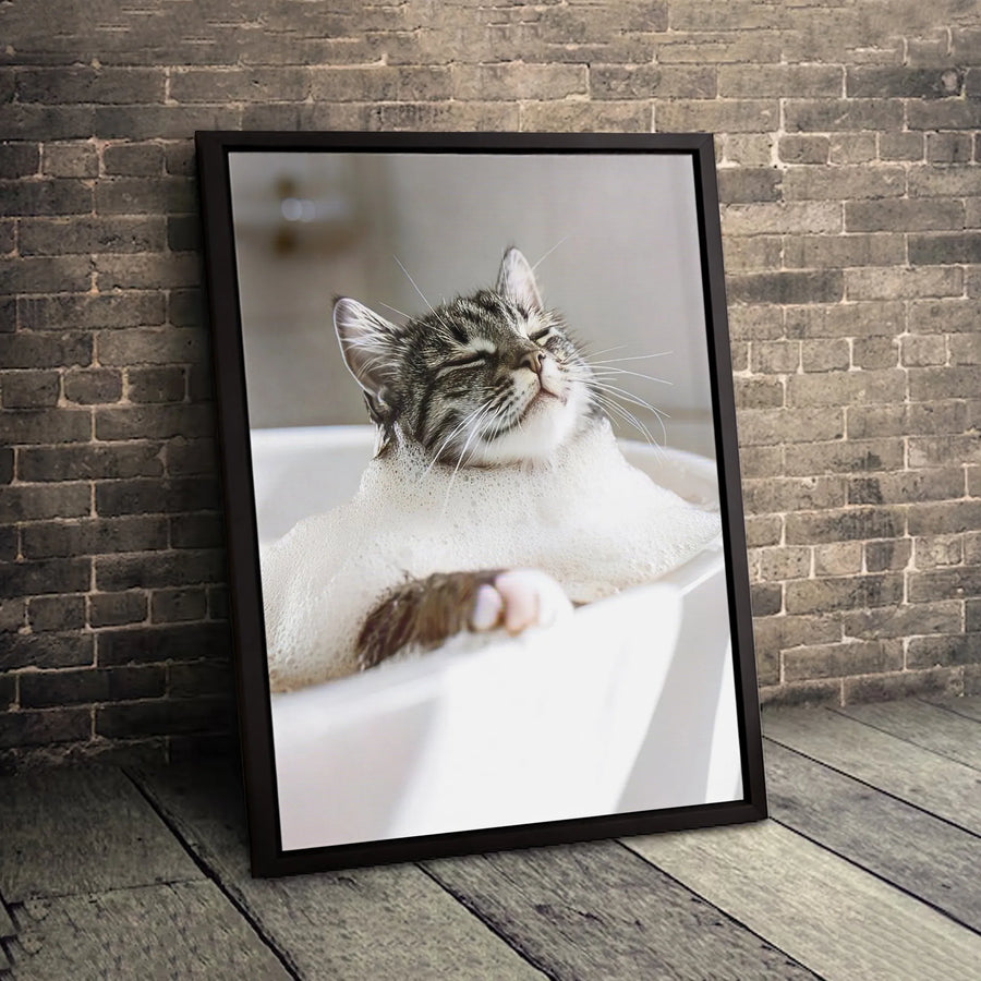 Funny Cat Bathing Canvas Print | Tabby Cat In Bubble Bath Wall Art | Premium Gallery-Wrapped Decor | Unique Gift For Cat Lovers