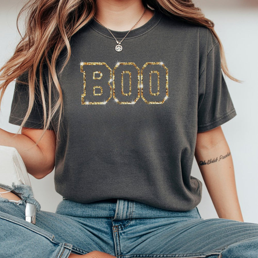 Boo Halloween T-Shirt | Gold Glitter Lettering Graphic | 100% Cotton Premium Tee | Cute Spooky Season Gift For Her
