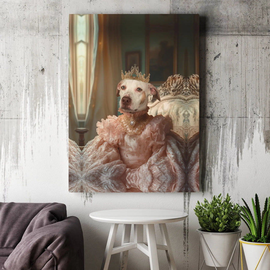 Royal Dog Portrait Canvas Wall Art | Victorian Pitbull Queen in Pink Gown | Premium Gallery Wrap Print | Funny Dog Lover Gift for Her