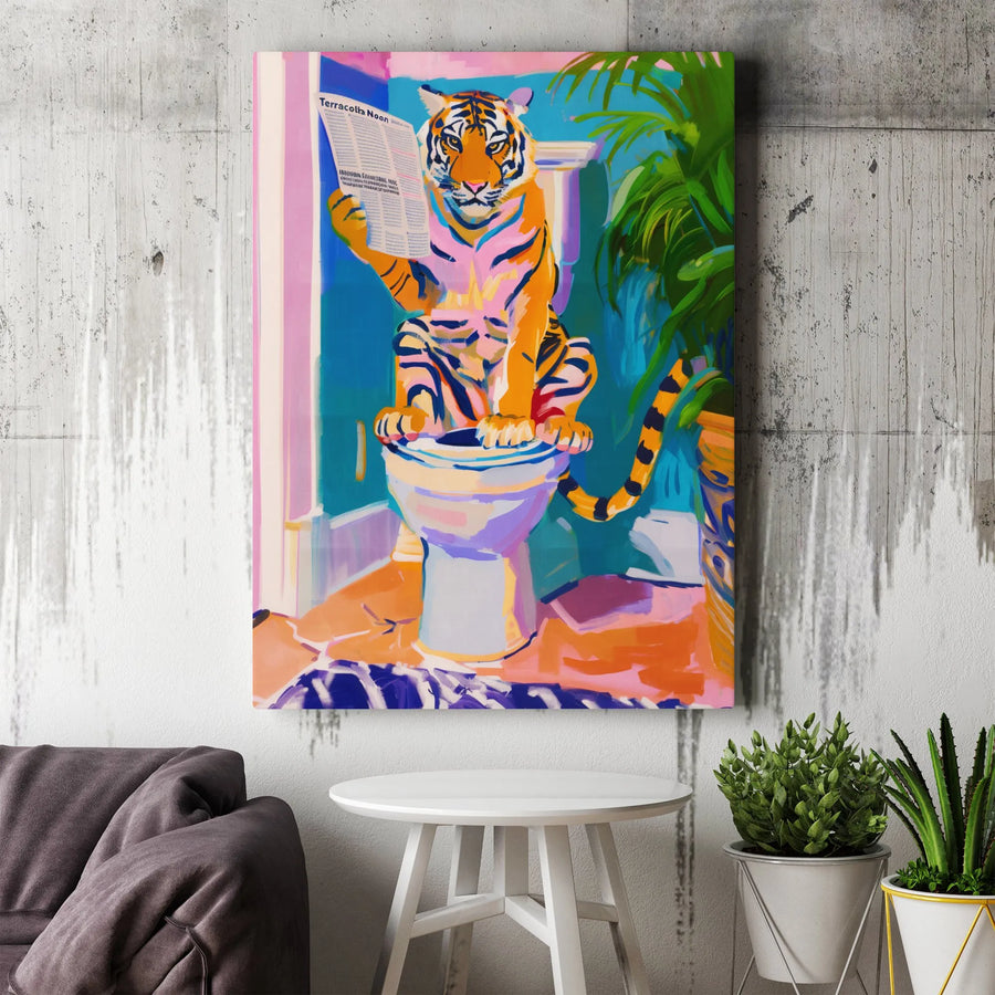 Tiger Reading Newspaper On Toilet Canvas Art | Funny Bathroom Wall Decor | Premium Gallery Wrap Print | Whimsical Animal Portrait Gift