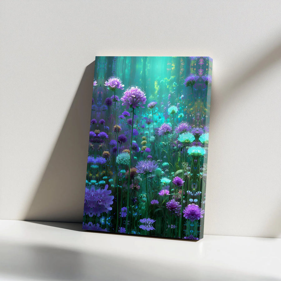 Enchanted Forest Canvas Wall Art | Purple Teal Wildflower Meadow Print | Premium 1.25" Gallery Wrap | Dreamy Botanical Decor for Living Room
