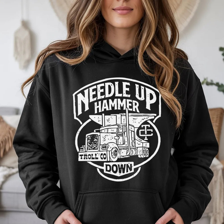 Trucker Hoodie | Needle Up Hammer Down Semi Truck Design | Premium Cotton Blend | Gift For Heavy Equipment Operators And Blue Collar Workers