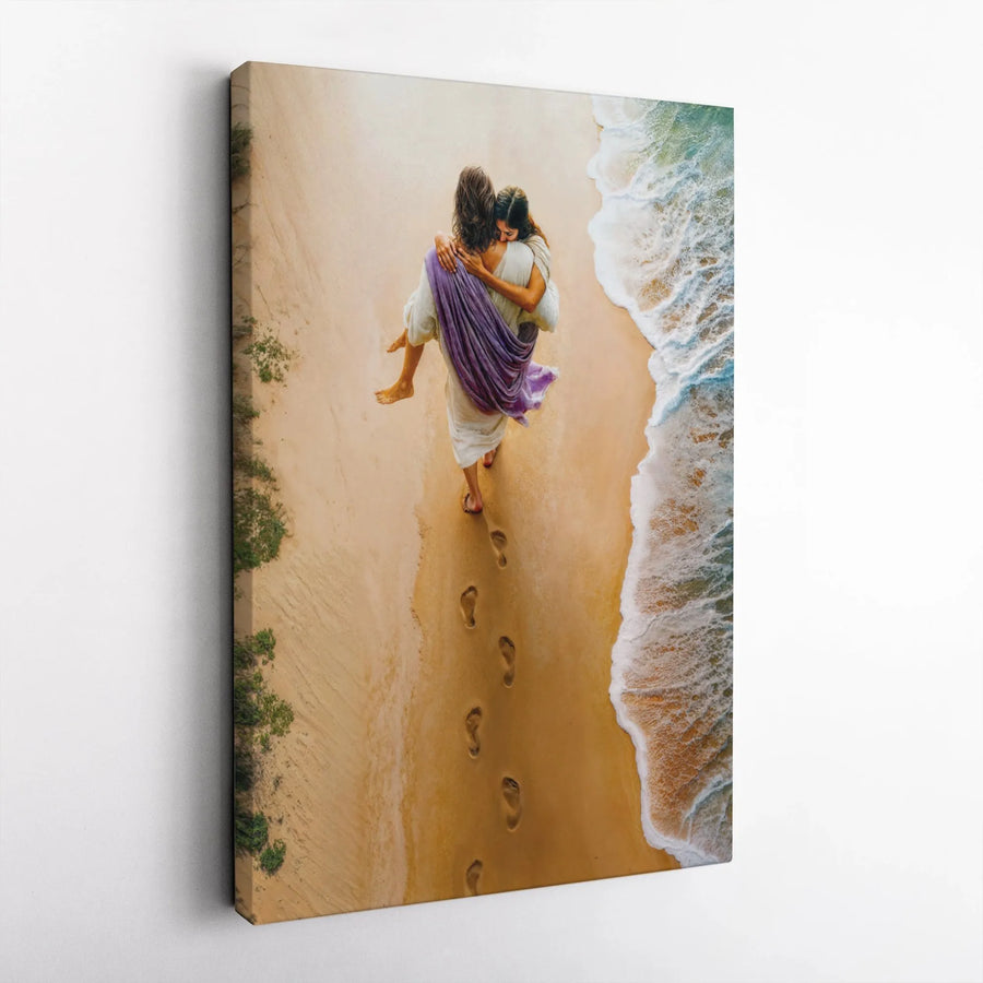 Jesus Carrying Woman Canvas Print | Footprints In The Sand Art | 1.25 Inch Gallery Wrap | Christian Home Decor Religious Gift
