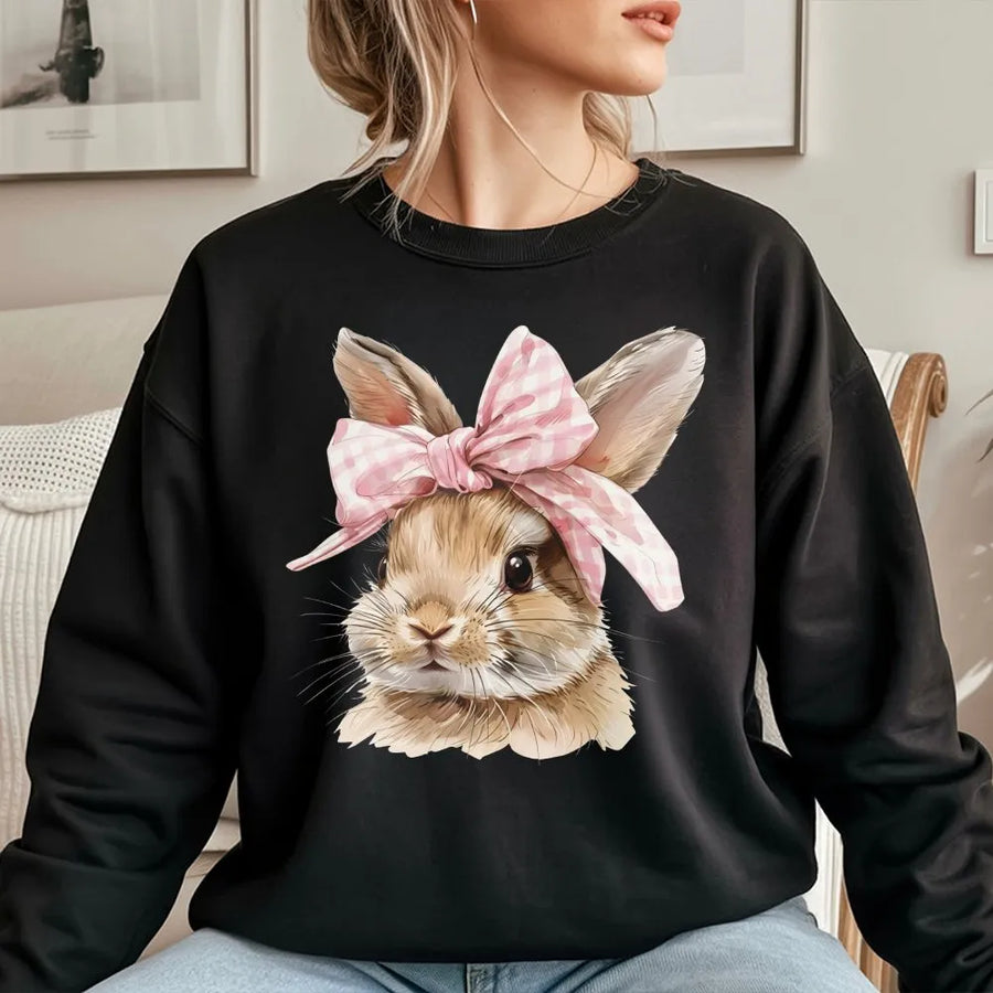 Easter Bunny Sweatshirt | Cute Coquette Pink Bow Rabbit Graphic | Premium Cotton Blend | Gift for Women and Teens