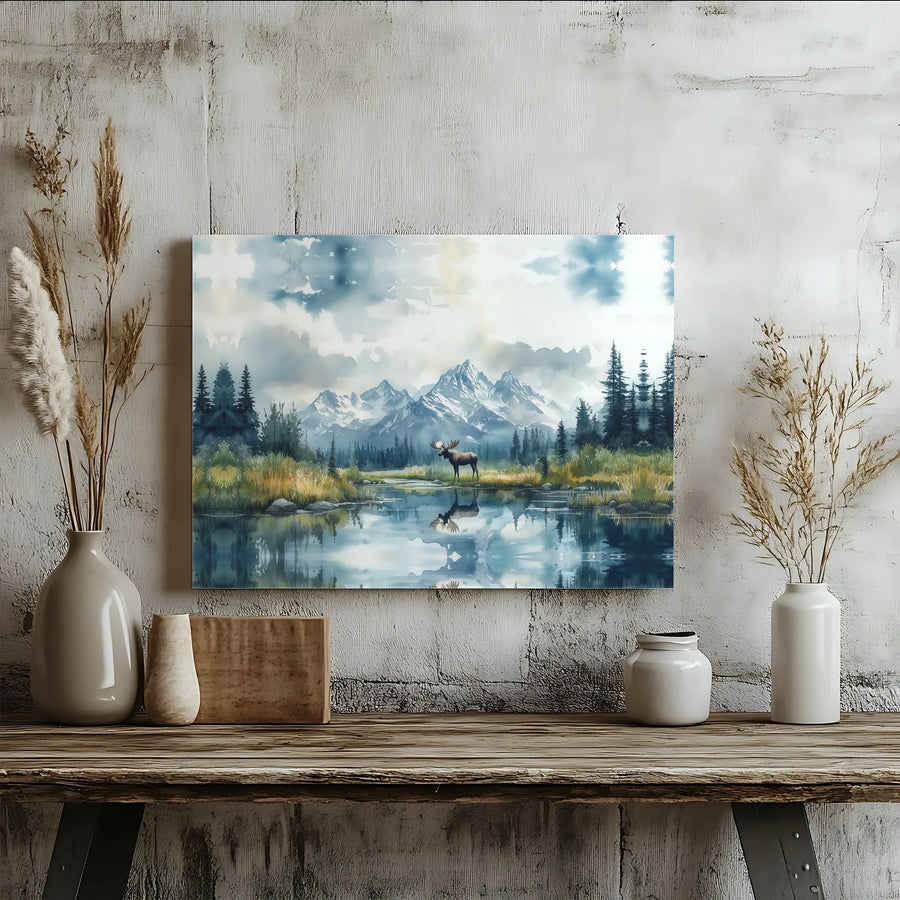 Moose Canvas Wall Art | Watercolor Mountain Lake Reflection | Premium Gallery Wrapped Canvas | Rustic Cabin & Lodge Decor Gift