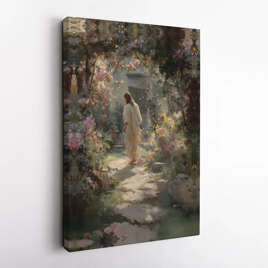 Jesus Christ Canvas Wall Art | Impressionist Floral Garden Scene | Fade-Resistant Gallery Print | Christian Home Decor Gift