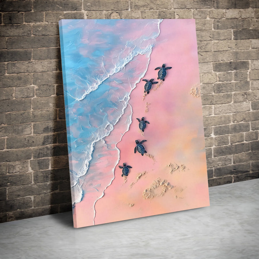 Baby Sea Turtles Wall Art | Pink Sand Beach Ocean Print | Gallery Wrapped 1.25" Canvas | Coastal Home Decor Nursery Gift