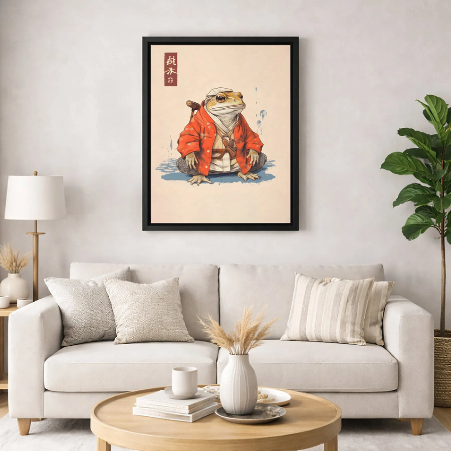 Samurai Toad Wall Art | Japanese Ukiyo-e Style Frog Warrior in Red Kimono | Premium Gallery Wrap Canvas | Unique Home Decor Gift for Animal Lovers