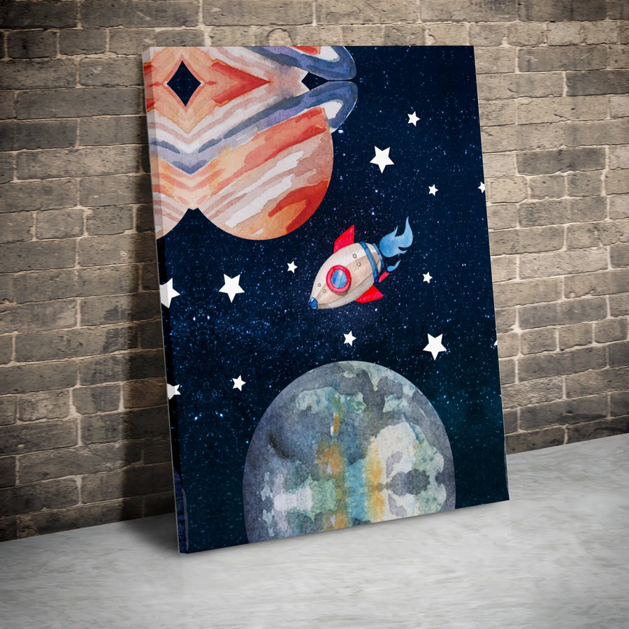 Rocket Ship Space Canvas Art | Watercolor Galaxy Nursery Wall Decor | Gallery Wrapped Premium Print | Perfect Gift for Kids Astronomy Lovers
