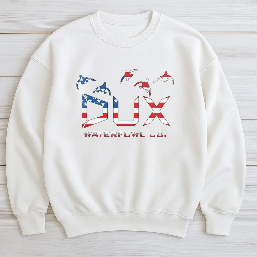 Duck Hunting Sweatshirt | Patriotic USA Flag Dux Waterfowl Design | Premium Unisex Crewneck | Gift for Duck Hunters and Outdoor Enthusiasts