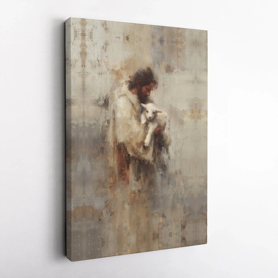 Jesus With Lamb Canvas Wall Art | Abstract Religious Painting | Premium Gallery Wrap | Christian Home Decor Gift