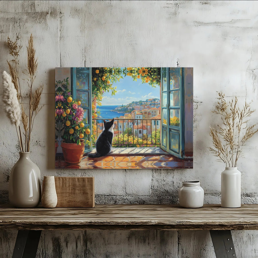 Tuxedo Cat Wall Art | Mediterranean Balcony with Lemon Trees | Gallery Wrap Canvas Print | Coastal Italian Villa Decor for Cat Lovers