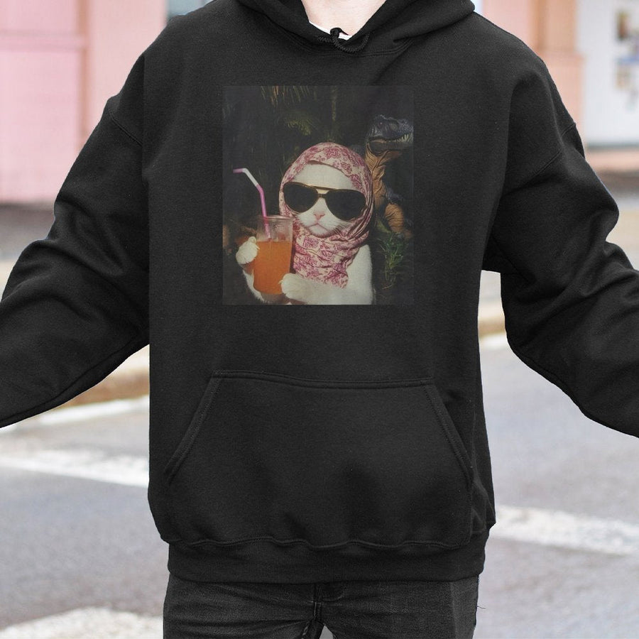 Funny Cat Hoodie | Chill Cat with Sunglasses and Dinosaur Graphic | Premium Cotton Blend | Gift for Cat Lovers and Meme Fans