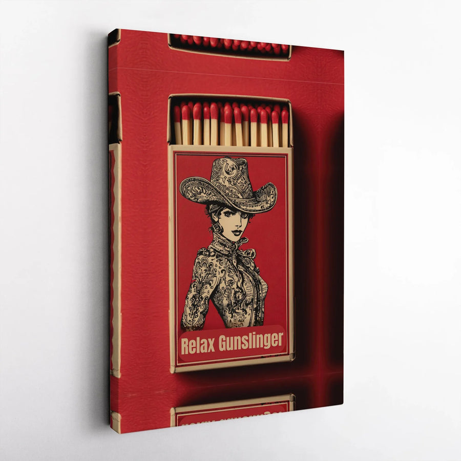 Vintage Cowgirl Matchbox Vertical Canvas | Relax Gunslinger Retro Western Match Book Print | Premium 1.25" Gallery Wrap Wall Art | Cool Aesthetic Home Decor Gift