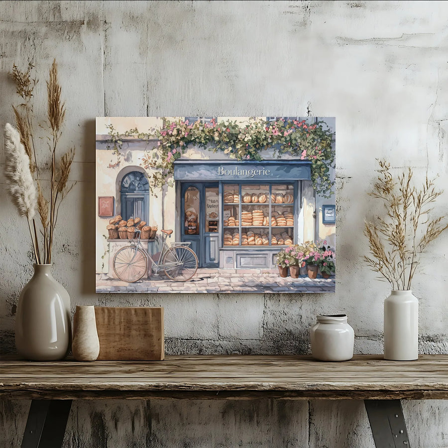 French Bakery Wall Art | Boulangerie Street Scene With Bicycle | Gallery Wrap Canvas Print | Paris Inspired Home Decor Gift