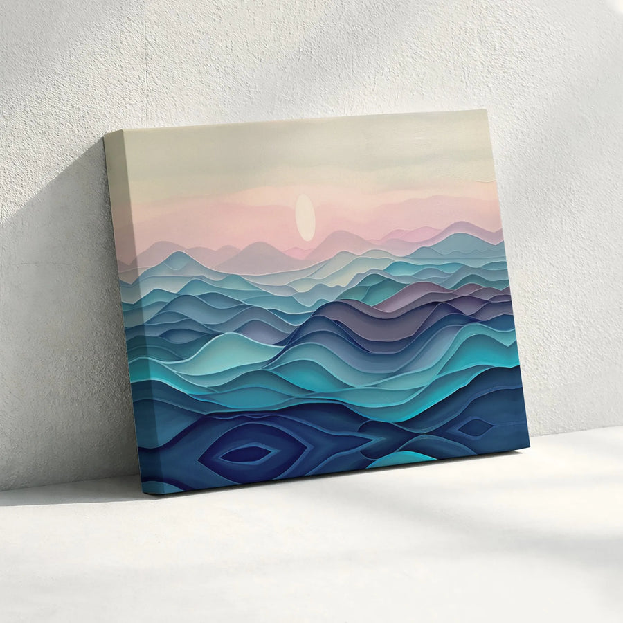 Abstract Ocean Waves Canvas Art | Layered Pastel Sunset Landscape | Premium Gallery Wrap Wall Decor | Modern Home & Office Decor Gift