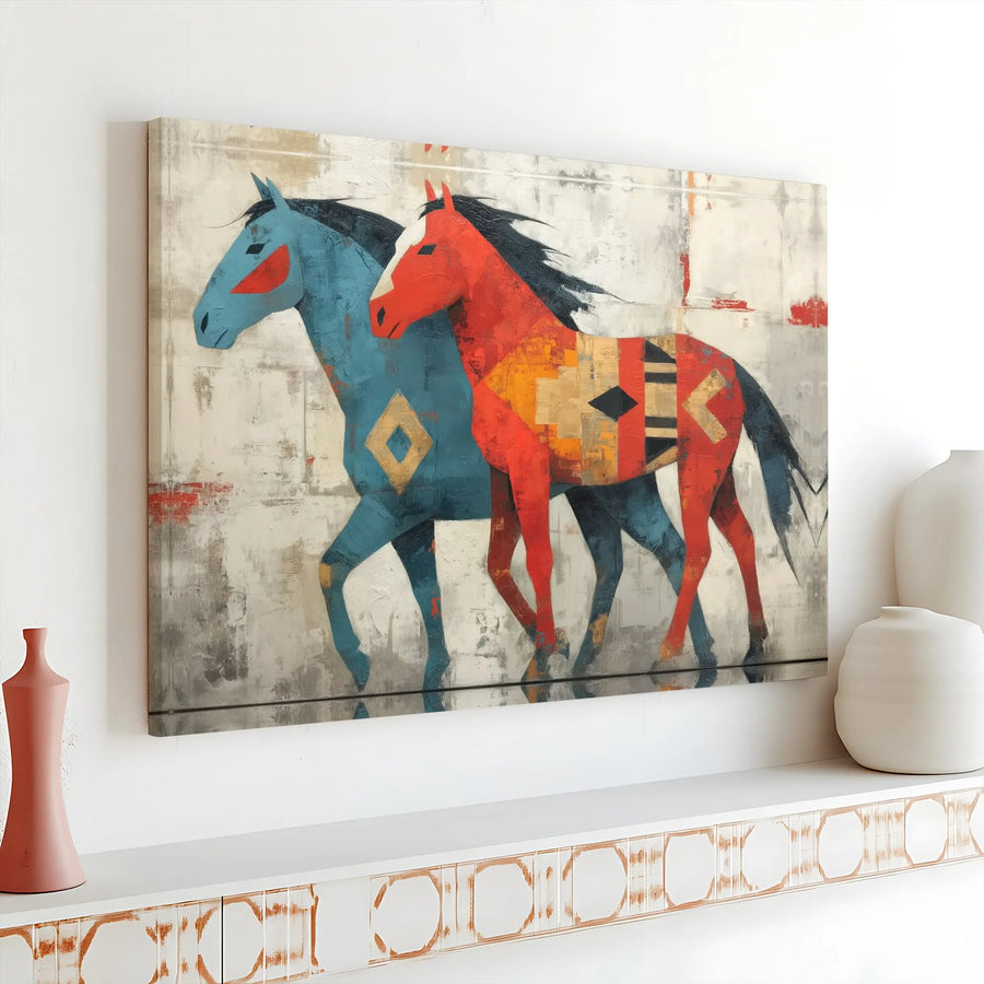 Abstract Horse Canvas Wall Art | Southwestern Geometric Dual Equine Print | 1.25" Gallery Wrap | Western Home Decor Gift