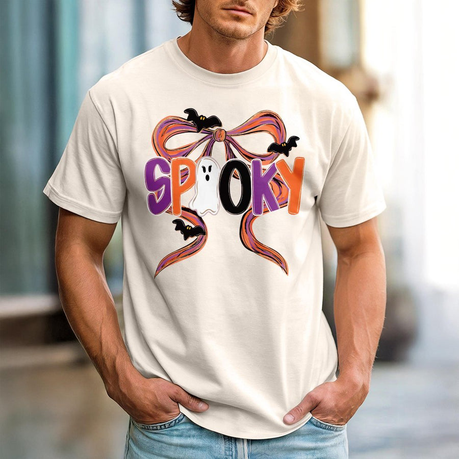 Spooky Ghost T-Shirt | Coquette Halloween Bow Graphic | 100% Cotton Premium Tee | Cute Fall Outfit Gift for Her