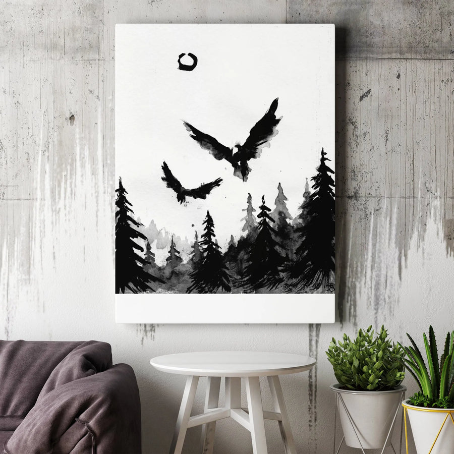 Eagle Wall Art Canvas | Ink Wash Flying Birds Pine Forest Print | 1.25-Inch Premium Gallery Profile | Modern Nature Home Decor Gift
