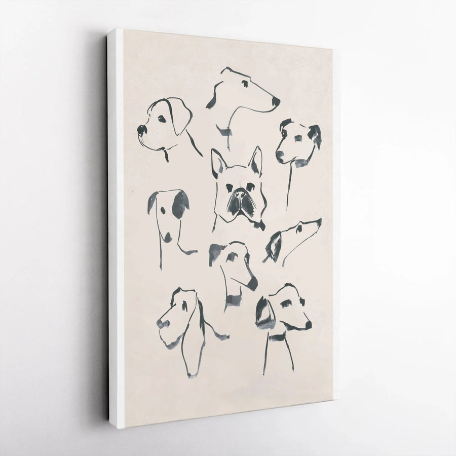 Minimalist Dog Breeds Vertical Canvas | Modern Ink Wash Sketch Illustrations | Premium Gallery Wrap Canvas | Gift for Dog Lovers & Pet Owners