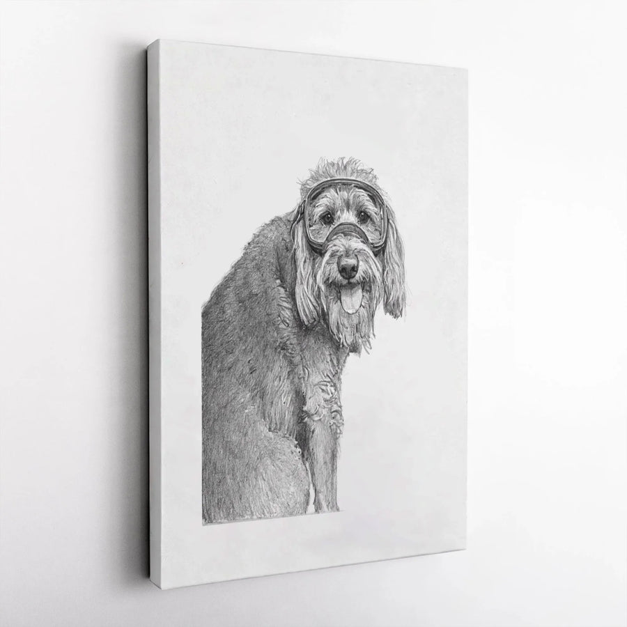 Dog Wearing Goggles Canvas Wall Art | Whimsical Pencil Sketch Illustration | Premium 1.25" Gallery Wrap | Unique Gift for Dog Lovers