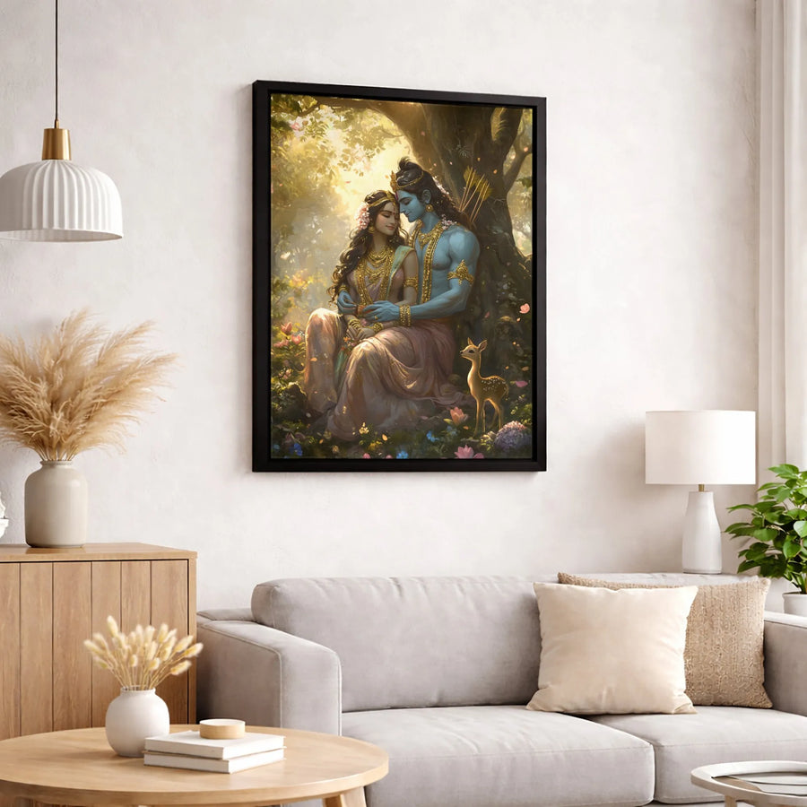 Rama and Sita Canvas Print | Hindu Mythology Forest Wall Art | Premium Gallery Wrapped Decor | Spiritual Home Gift for Meditation and Puja Room