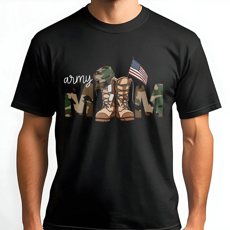Army Mom T-Shirt | Camo Military Lettering & American Flag Graphic | Premium Cotton Unisex Tee | Proud Soldier Mother Gift Apparel