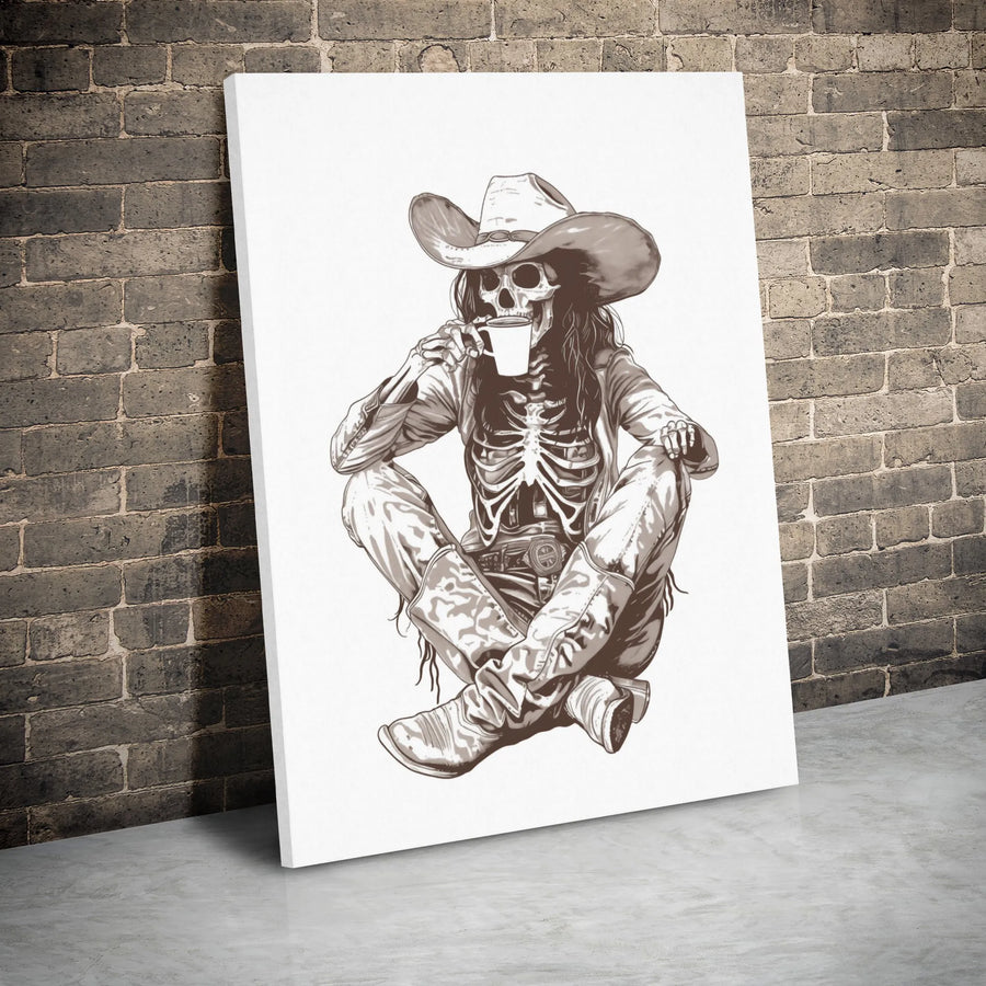 Cowgirl Skeleton Wall Art | Western Coffee Lover Canvas Print | Premium Gallery Wrapped Decor | Unique Cowboy Aesthetic Gift for Home Office