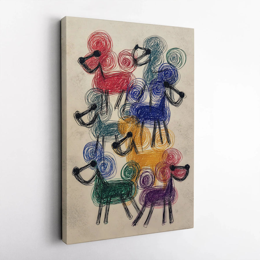 Colorful Poodle Dog Canvas Wall Art | Abstract Scribble Line Art Design | Premium 1.25 inch Gallery Wrap | Modern Home Decor Gift for Dog Lovers