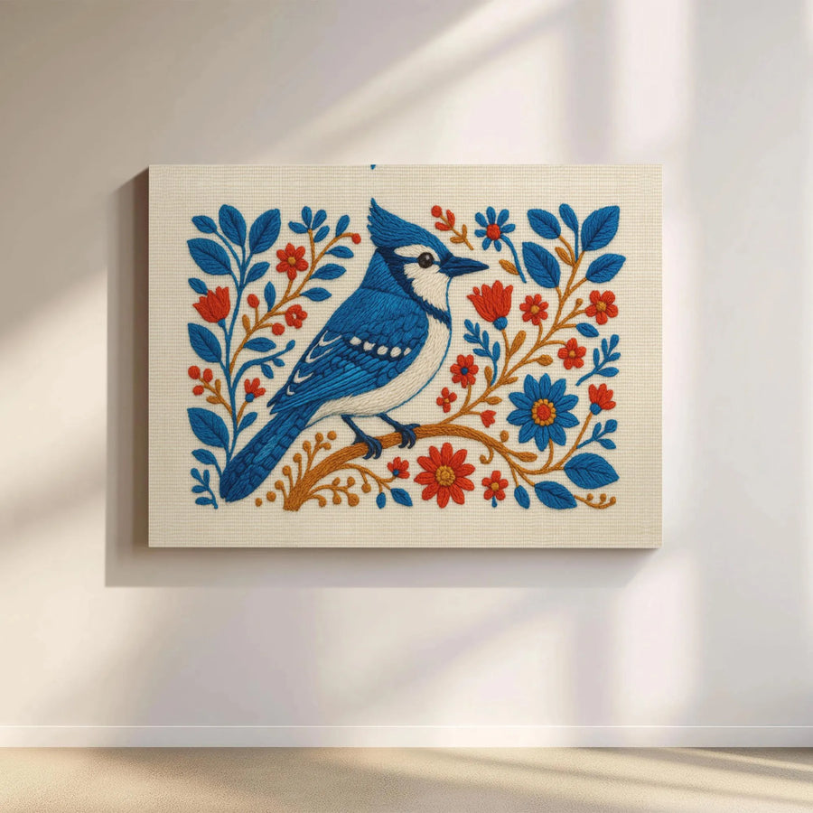 Blue Jay Bird Canvas Wall Art | Folk Art Embroidery Style | Premium Fade-Resistant Gallery Wrap | Nature-Inspired Home Decor Gift