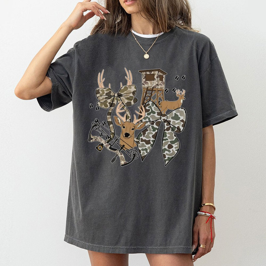 Hunting Season T-Shirt | Camo Bow and Deer Antler Graphic | Premium 100% Cotton | Wildlife Outdoors Gift for Hunters