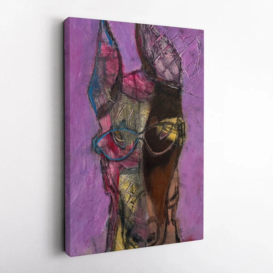 Abstract Doberman Canvas Wall Art | Colorful Dog Portrait with Glasses | Gallery Wrapped 1.25" Profile | Modern Animal Decor for Dog Lovers