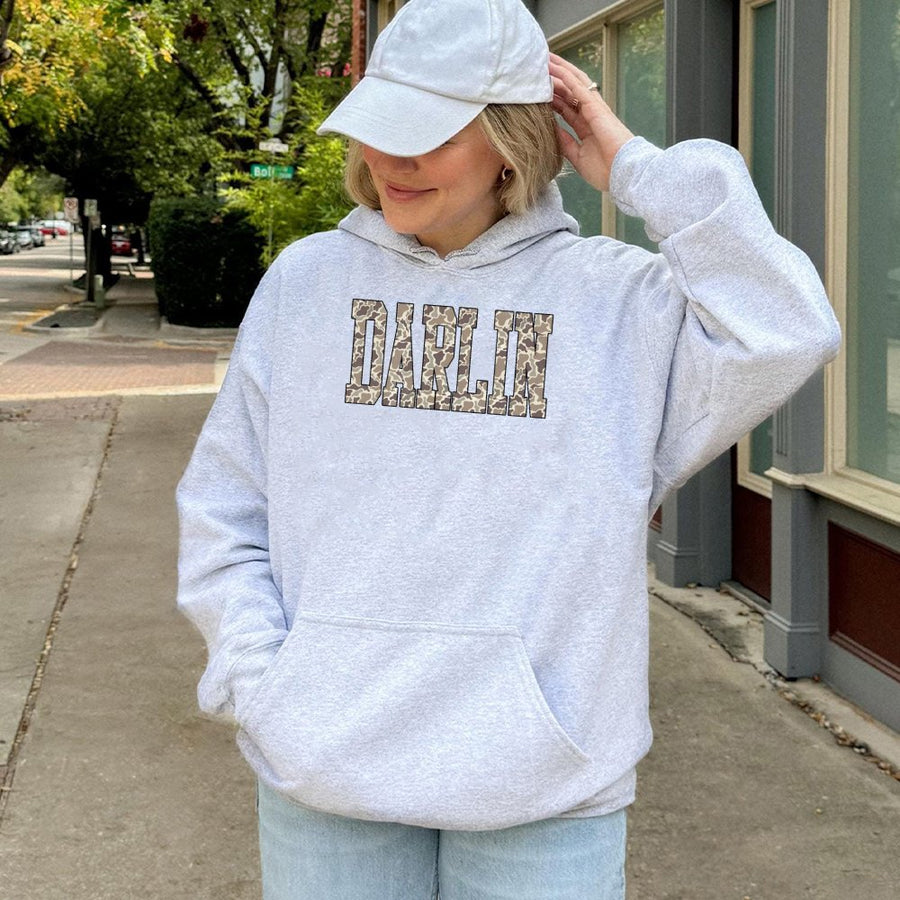 Darlin Camo Hoodie | Western Varsity Lettering Graphic | Cotton-Poly Blend Premium Comfort | Country Girl Gift for Her