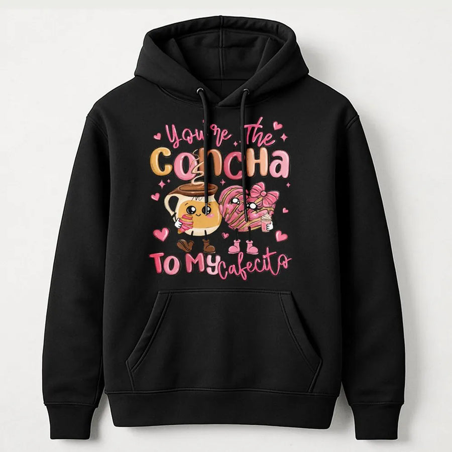 Concha To My Cafecito Hoodie | Cute Mexican Food Kawaii Graphic | Cotton Blend Unisex Pullover | Funny Couple Gift for Valentines or Anniversary