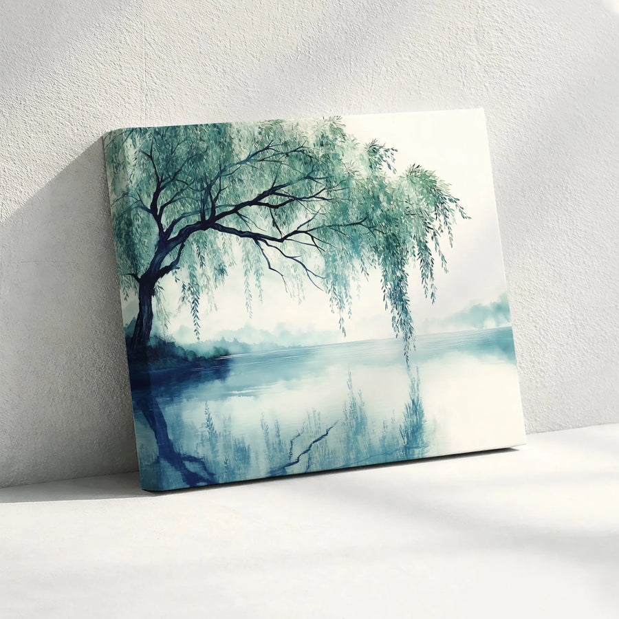 Weeping Willow Canvas Wall Art | Misty Lake Watercolor Painting | Premium Fade-Resistant Gallery Wrap | Serene Nature Home Decor Gift