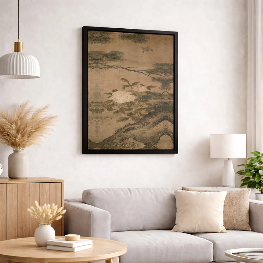 Japanese Peony Art Canvas | Vintage Bird and Pine Tree Wall Decor | Premium Gallery Wrap Print | Zen Home Office Aesthetic Gift