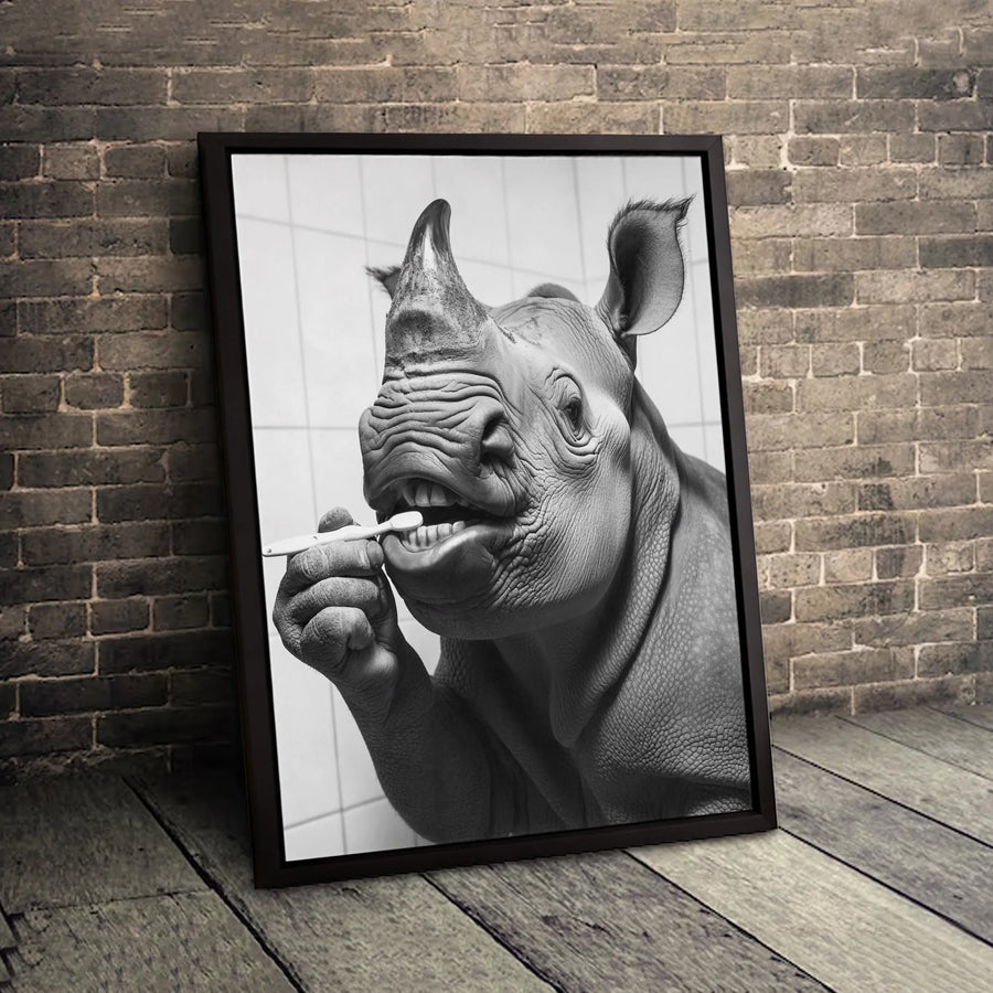 Rhino Brushing Teeth Canvas Wall Art | Funny Animal Bathroom Decor | Premium Gallery Wrap Print | Whimsical Home Decor Gift