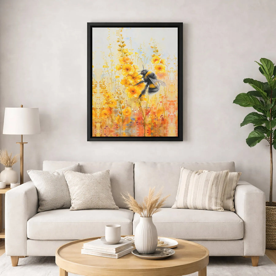 Watercolor Bumblebee Canvas Art | Yellow Floral Meadow Wall Decor | Premium 1.25-Inch Gallery Wrap | Nature-Inspired Home Office Gift