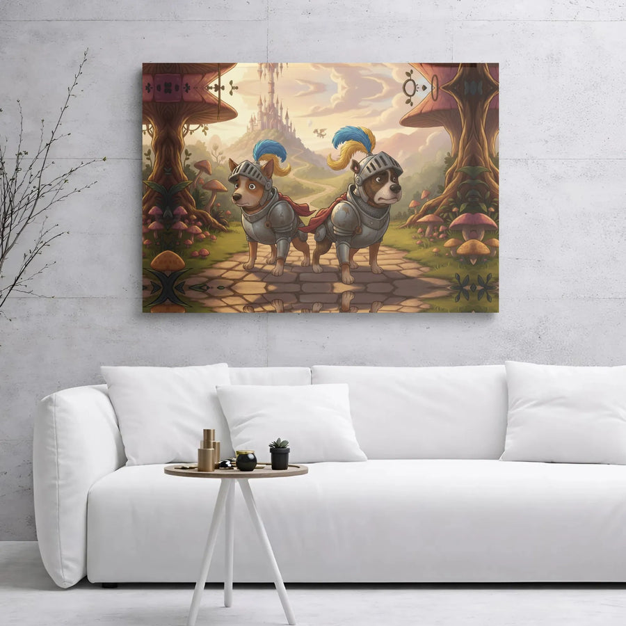 Fantasy Dog Knight Canvas Print | Whimsical Medieval Warrior Pups in Enchanted Mushroom Forest | Premium Gallery Wrapped Wall Art | Kids Room Gift