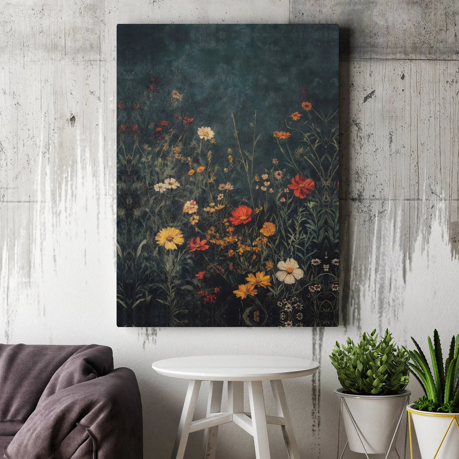 Vintage Wildflower Canvas Wall Art | Moody Botanical Meadow Painting | Premium Gallery Wrapped Print | Dark Cottagecore Home Decor Gift