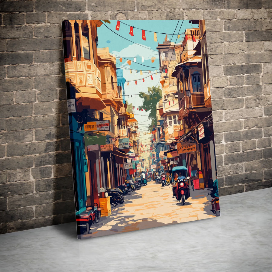 Indian City Market Canvas Print | Vibrant Street Scene Illustration | Premium Frameless Wall Art | Unique Travel Art for Living Room Decor