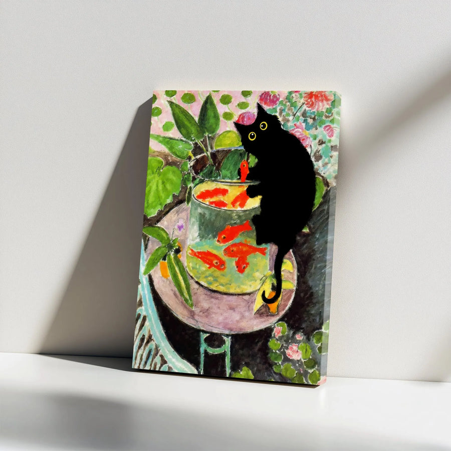 Black Cat and Goldfish Canvas Art | Whimsical Fauvism Style Print | Premium 1.25-inch Gallery Wrap | Unique Home Decor Gift for Cat Lovers