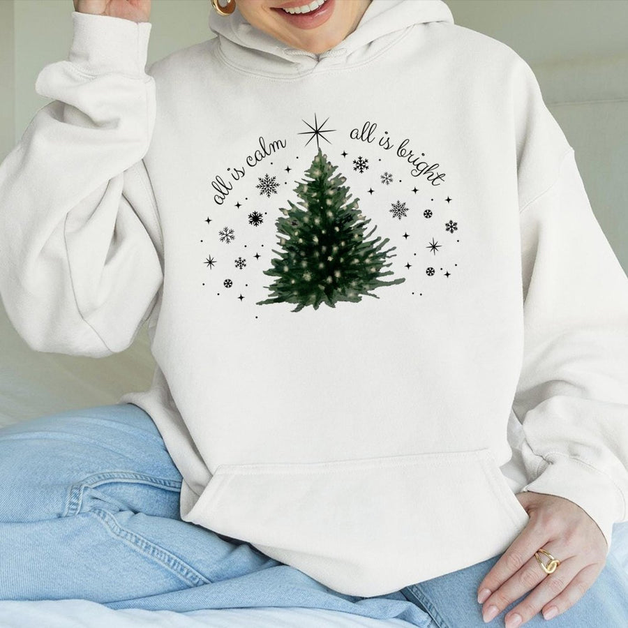 All Is Calm All Is Bright Christmas Hoodie | Minimalist Tree Graphic | Premium Cotton Blend | Cozy Holiday Gift for Her and Him