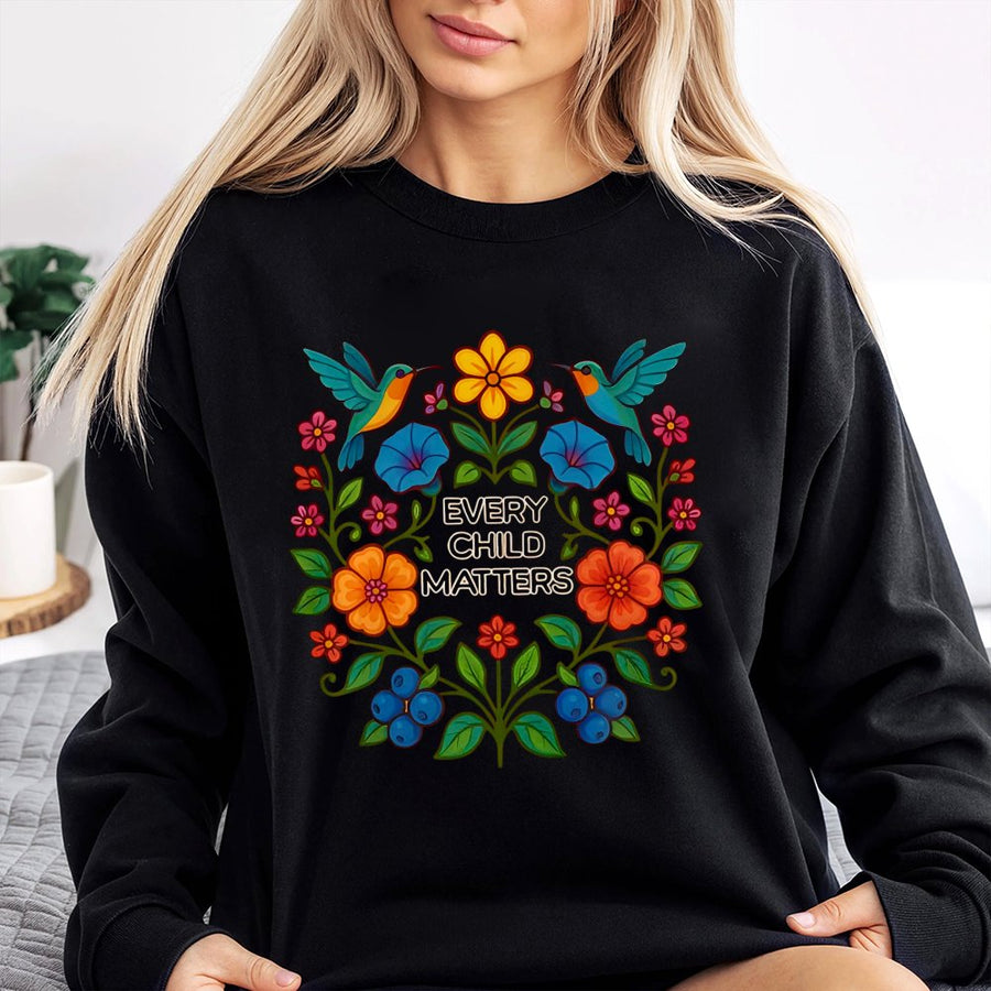 Every Child Matters Sweatshirt | Floral Hummingbird Indigenous Design | Premium Cotton Blend | Awareness Gift For Women And Men