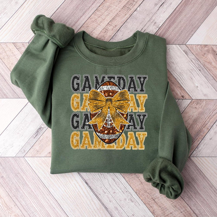 Gameday Football Sweatshirt | Gold Glitter Bow Graphic Design | Premium Cotton Blend | Trendy Coquette Game Day Apparel for Women