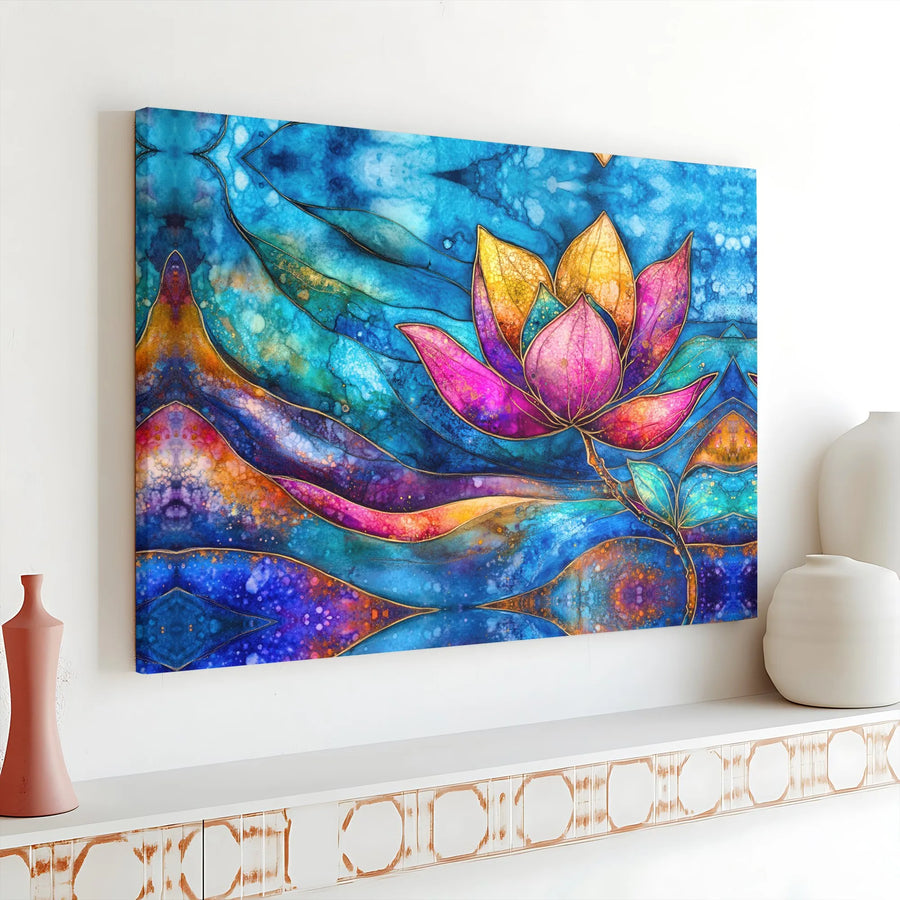 Lotus Flower Canvas Wall Art | Vibrant Watercolor Abstract Print with Gold Accents | Premium Gallery Wrapped Canvas | Gift for Yoga Studio & Meditation Room Decor