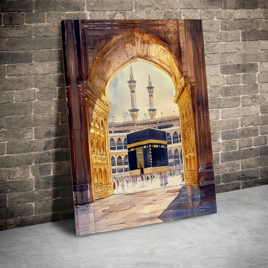 Watercolor Kaaba Canvas Wall Art | Grand Mosque Mecca Painting | Premium Gallery Wrap Print | Spiritual Islamic Home Decor Gift for Muslims