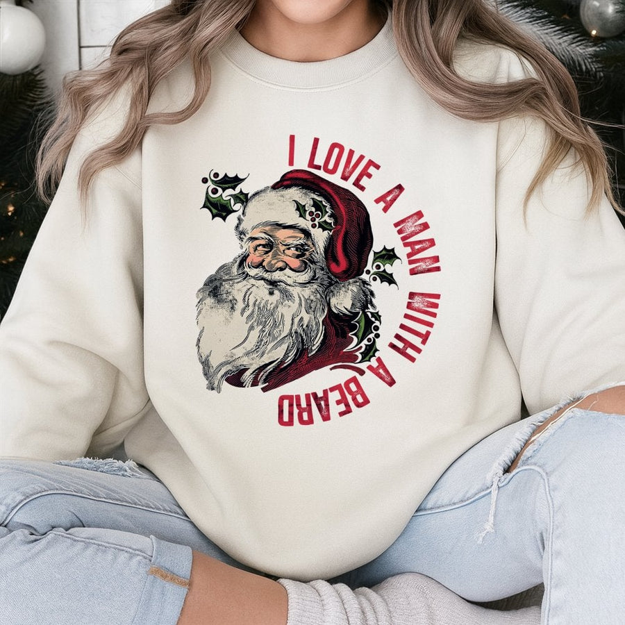 I Love A Man With A Beard Christmas Sweatshirt | Retro Santa Graphic Crewneck | Premium Cotton Blend | Funny Holiday Gift For Her
